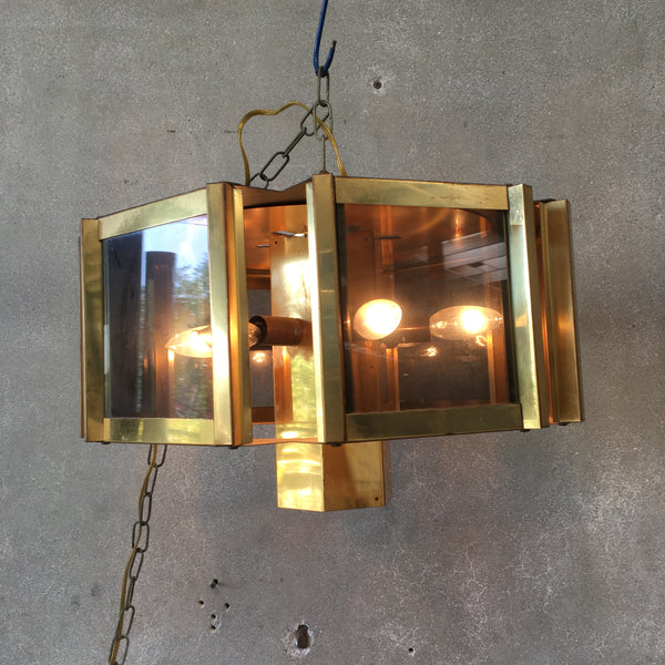 Mid Century Fredrick Ramona Brass & Smoked Glass Hexagonal Chandelier