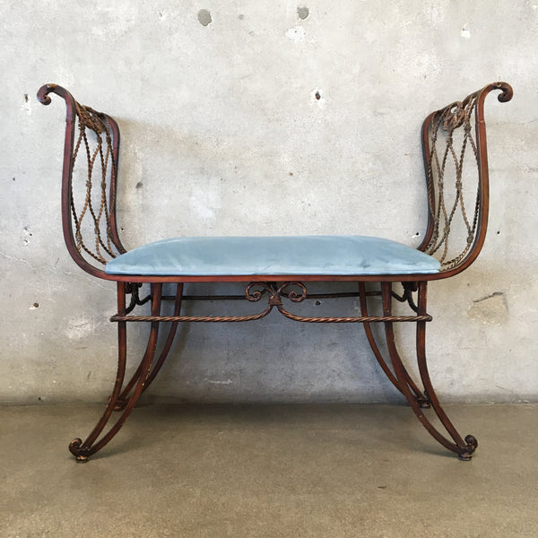 Iron Bench With Twisted Rope Detail - "French Blue Velvet" Upholstery
