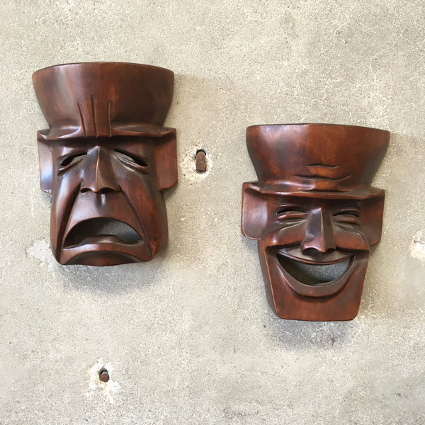 Vintage Pure Comedy And Pure Tragedy Carved Masks Product Image