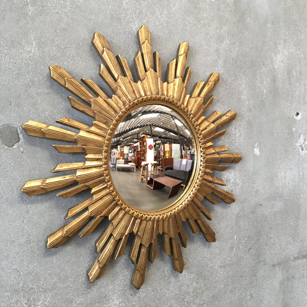 Vintage MCM Wood/Gold Sunburst Convex Mirror