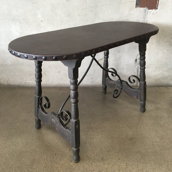 Monterey Furniture Oval Console Table w/Iron Stretchers & Leather Top
