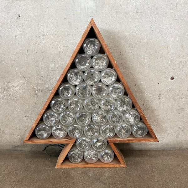 Vintage Christmas Tree Made of Wood, Glass Jars with Tinsel and Lights