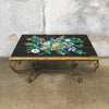 Antique Circa 1920 Wrought Iron Coffee Table With Signed Hand Painted Tile Top