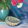 Vintage Still Life Oil Painting On Canvas - Framed Flowers & Abalone Shell