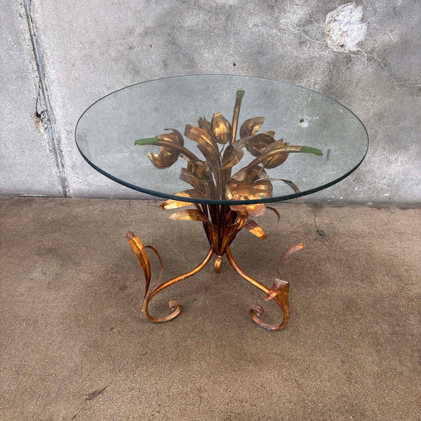 Floral Tole Gilt Side Table w/Glass Top