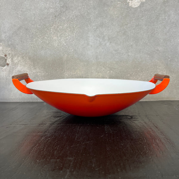 Vintage Orange & White Enameled Metal Paella or Wok