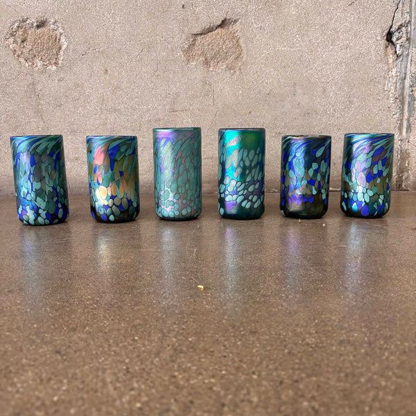 Set of Six Vintage Hand Blown Jim Bush 1993 Iridescent Art Glasses - Signed