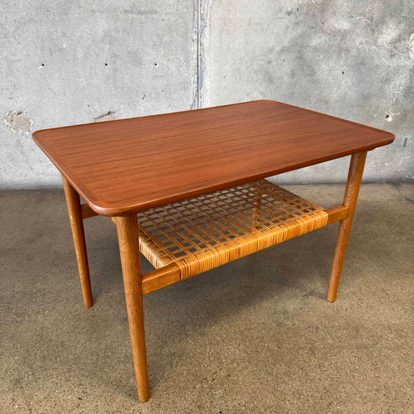 Mid Century Anton Kildeberg Mobler Teak, Oak, & Cane Side Table