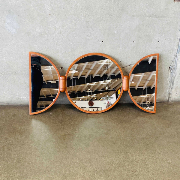 Mid Century Danish Teak Tri-Fold Round Wall Mirror By Pedersen & Hansen