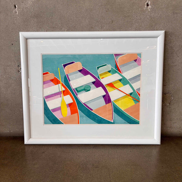 Vintage Original XL Framed Watercolor & Pencil Row Boats By Juan Casado