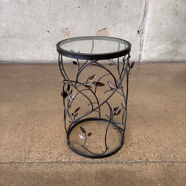 Metal Small Round Side Table / Plant Stand With Branches & Birds