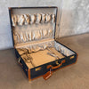 Vintage Leather & Canvas Suitcase on Casters With Strap