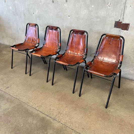 Set of Four Charlotte Perriand Chairs For Les Acres In Steel & Leather