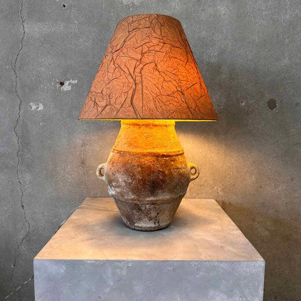 Archaic Water Jar Vintage Stoneware Lamp with Original Shade