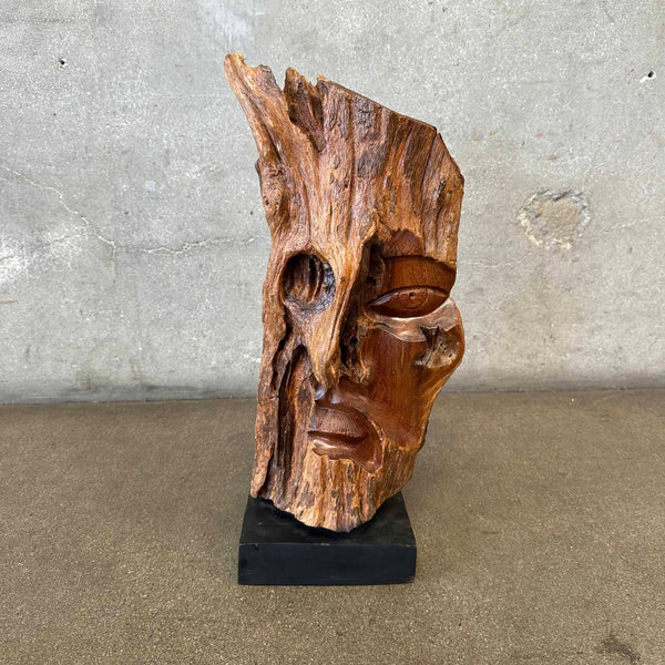 Organic Design Wood Carved Face From Live Edge Wood Fragment Signed Folk Art
