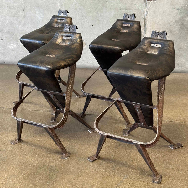 Set of Four Brutalist Forged Steel Barstools in Italian Gold/Black Leather