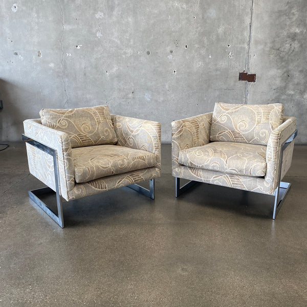 Pair Mid Century Milo Baughman Chrome Cube Lounge Chairs