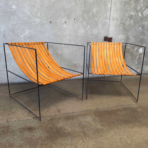 Pair of Mid Century Wrought Iron Leather Sling Lounge Chairs