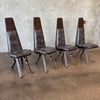 Mid Century Brutalist Forged Steel Leather and Wood Dining Chairs