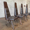 Mid Century Brutalist Forged Steel Leather and Wood Dining Chairs