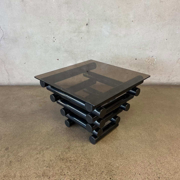 Vintage Mid Century Modern Smoked Glass Side Table With Black Metal Base