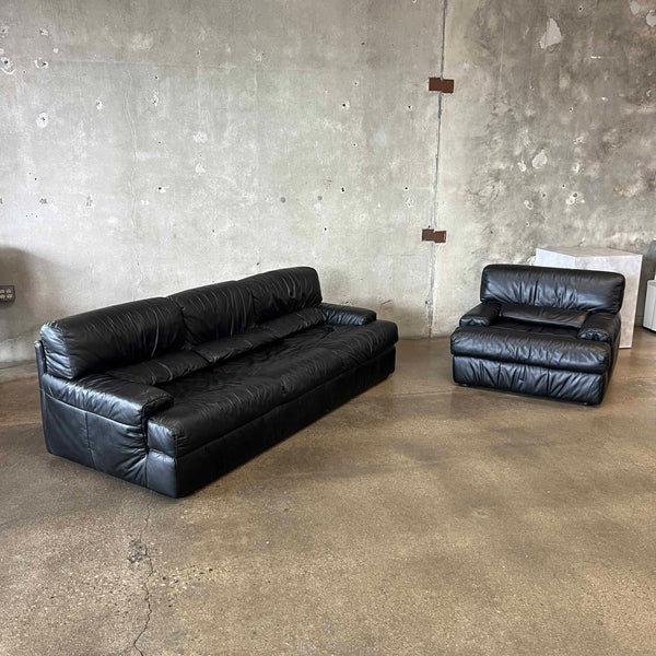 Italian Sofa & Chair Set in Black Leather