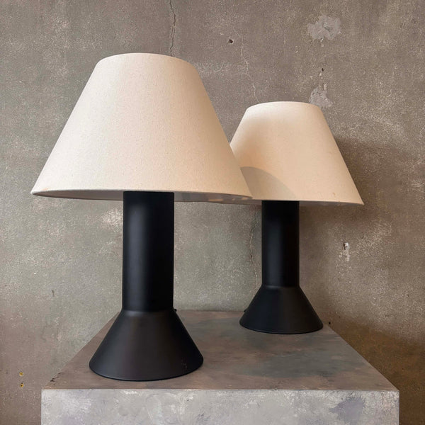 Pair of Mid Century Scandinavian Modern Black Table Lamps With Oatmeal Shades