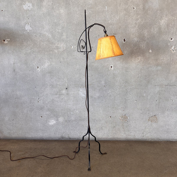Wrought Iron Spanish Revival Floor Lamp w/ Leather Shade