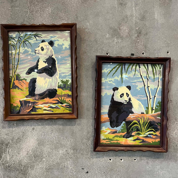 Pair of Vintage Framed Panda Bears w/ Wooden Frame & Glass Pane