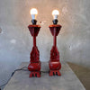 Pair of Antique Red Wood Chinese Electrified Candlestick Lamps