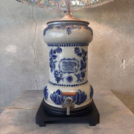 Antique Crock Dispenser Lamp With Tiffany Type Lead Glass Shade