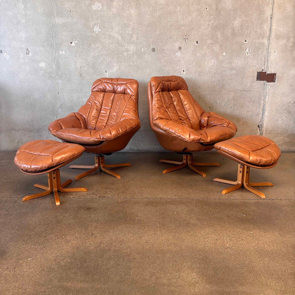 Pair of Dainish Leather Swivel Chairs w/ Matching Ottomans