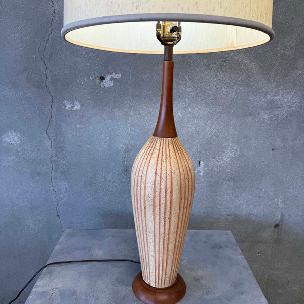 Mid Century Modern 1970s Table Lamp Pottery & Wood w/ Shade