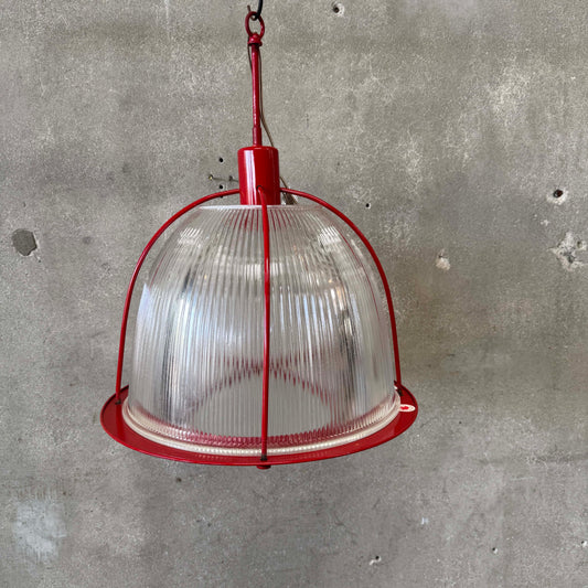 Vintage Ribbed Holophane Pendant Lamp w/ Red Metal Frame #2 - Made in Canada