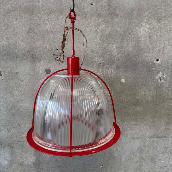 Vintage Ribbed Holophane Pendant Lamp w/ Red Metal Frame #3 - Made in Canada