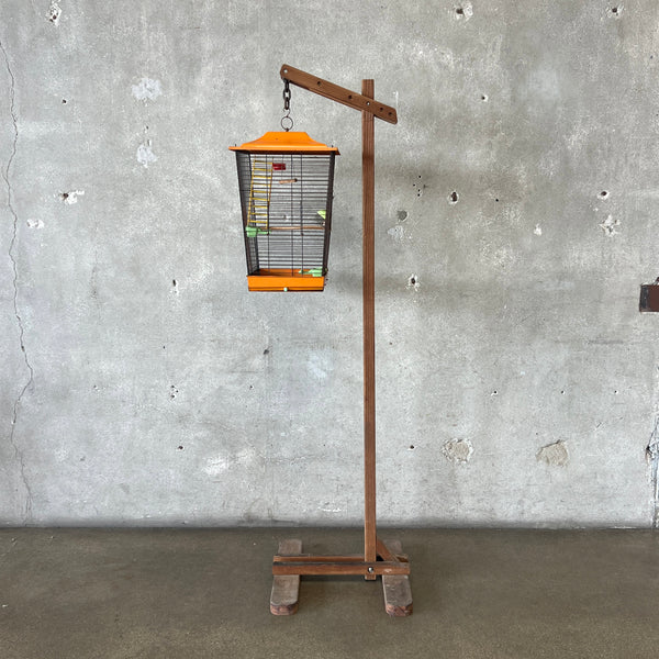 Vintage 1950's Orange Mid Century Modern Bird Cage With Stand
