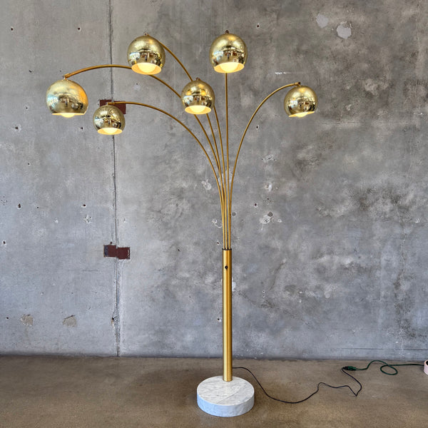 Vintage Italian Modern Brass Arc Floor Lamp - Six Lights w/ Dimmer