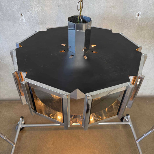 Mid Century Modern 1970s Chrome & Smoked Glass Chandelier