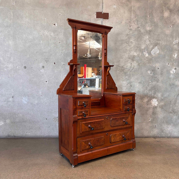 Late Victorian American Vanity Dresser With Mirror & Glass Roller Feet