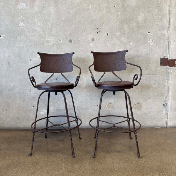 Pair Vintage Wrought Iron & Wood Barstools