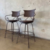 Pair Vintage Wrought Iron & Wood Barstools