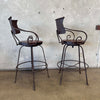 Pair Vintage Wrought Iron & Wood Barstools