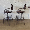 Pair Vintage Wrought Iron & Wood Barstools