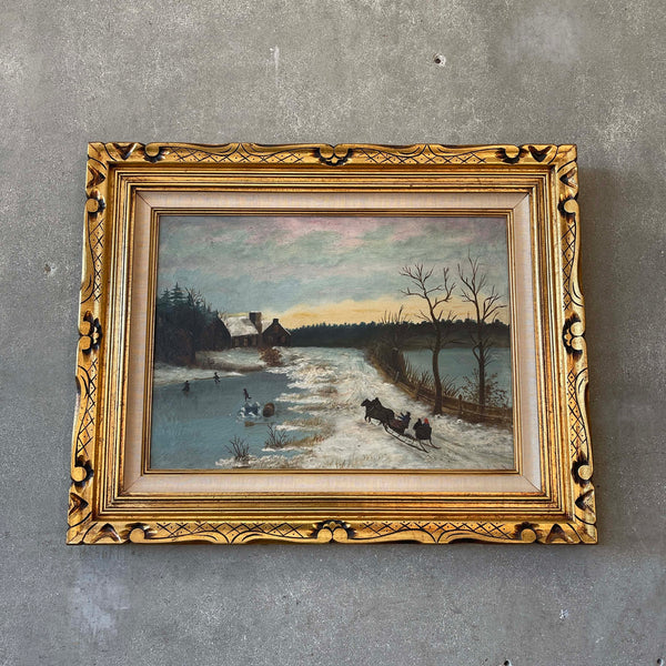 Antique Winter Scene Oil On Canvas Framed Painting