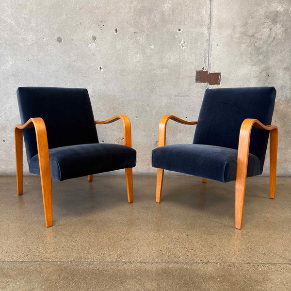 Pair of 1950's Thonet Bent Wood Lounge Chairs - New Navy Blue Mohair