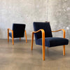 Pair of 1950's Thonet Bent Wood Lounge Chairs - New Navy Blue Mohair