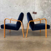 Pair of 1950's Thonet Bent Wood Lounge Chairs - New Navy Blue Mohair