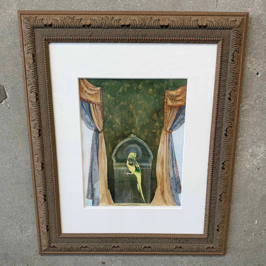 1990s Mixed Media Bird in Cage Signed Painting w/ Ornate Wood Frame