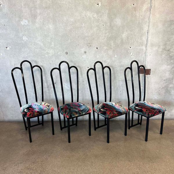 4 Vintage Post Modern Black/Floral Print Dining Chairs