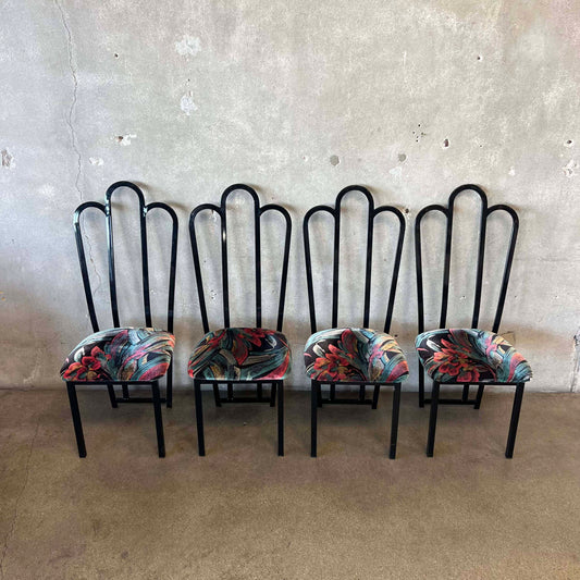 4 Vintage Post Modern Black/Floral Print Dining Chairs